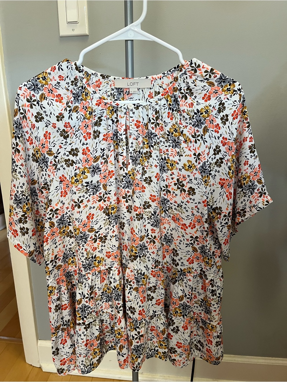 LOFT White Floral Short-Sleeve Peasant Tunic with Coral, Yellow & Navy Accents
